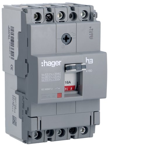 Автоматичний вимикач x160, In=16А, 3п, 18kA, Тфікс./Мфікс. Hager HDA016L