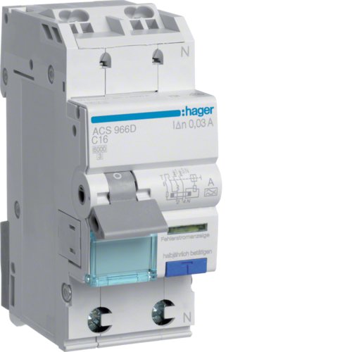Дифавтомат 1P+N, 16A, C, 10mA, 6kA, A, ACS966D QuickConnect