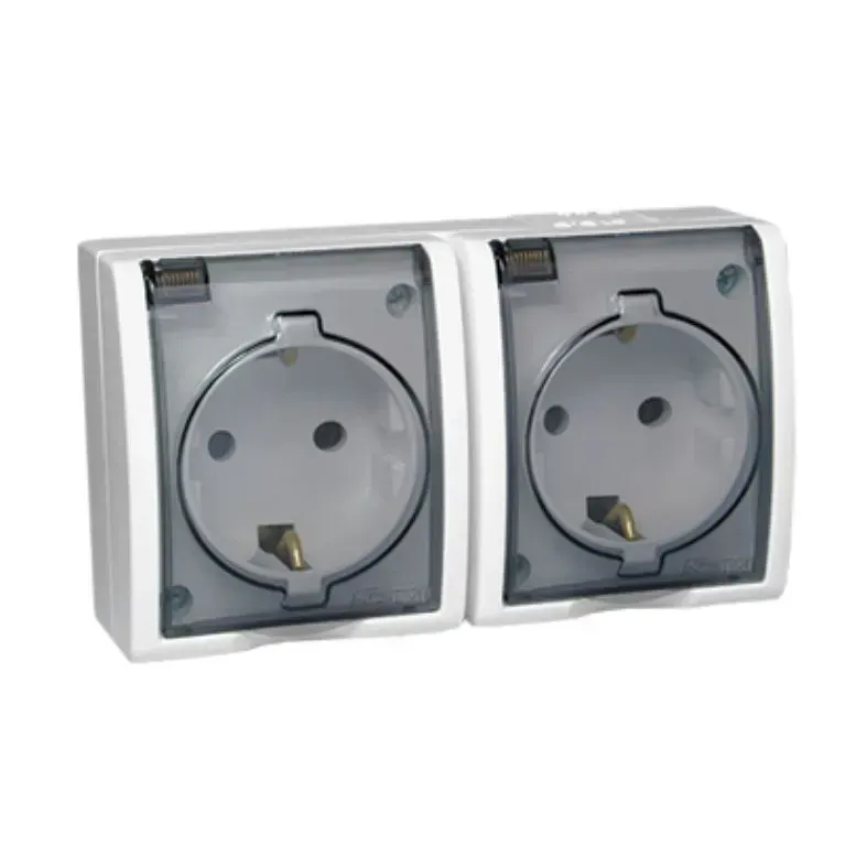Розетка накладного монтажу з прозорою кришкою 2x з заземленням Simon Aquarius IP54, AQGSz1-2/11a, 16AX 250V~ IP54, гвинт. зажим, біла
