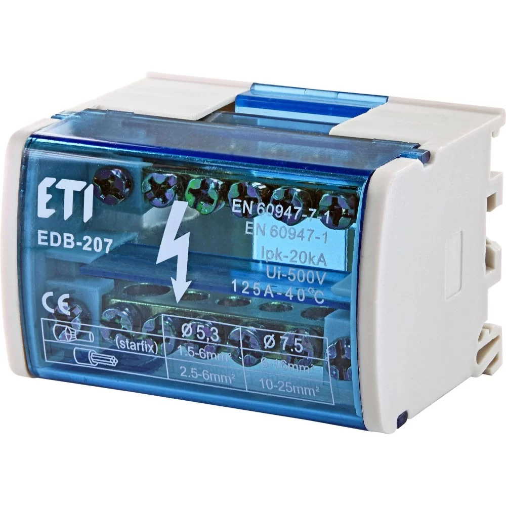 Розподільчий клемний блок ETI 001102300 EDB-207 2p L+PE/N 125A на 7 виходів