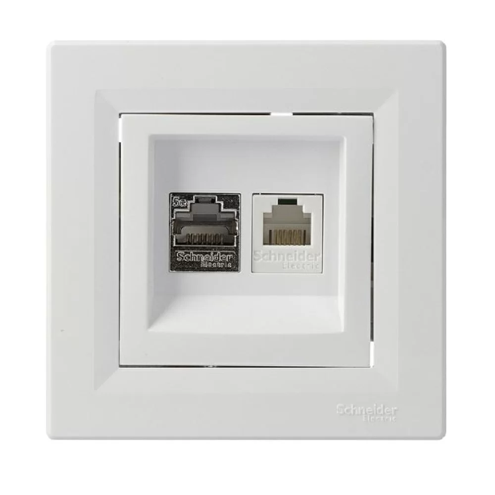 Розетка телефонна та Комп ютерна RJ45+RJ12 кат.5е. подвійна біла Asfora, EPH4900121