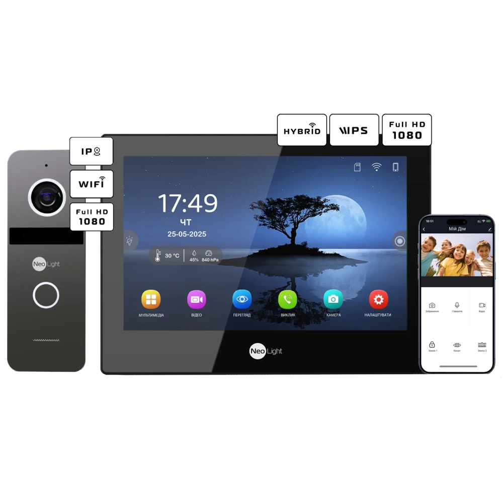 Комплект відеодомофону Neolight ALPHA Hybrid Black + SOLO IPW Graphite з кутком, PoE адаптер для панелі виклику