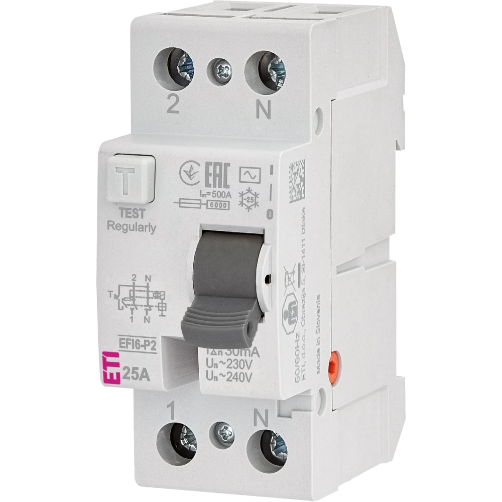 Реле диференційне (ПЗВ) ЕТІ 2р EFI6-P2 25/0,03 тип AC (6kA)